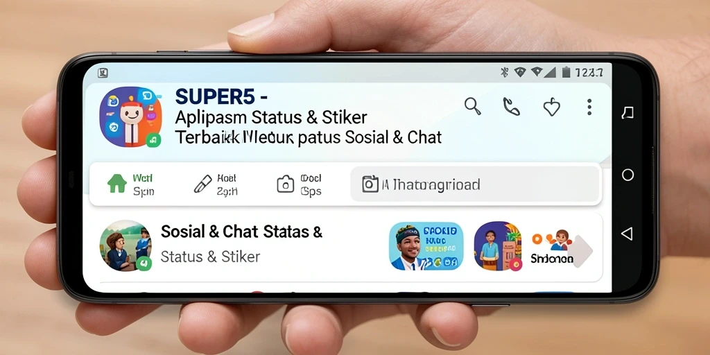 Tampilan antarmuka <strong>SUPER5</strong> yang menarik dengan berbagai fitur Status & Stiker.