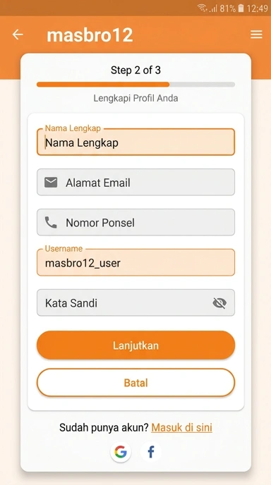 Cara Registrasi Akun Baru masbro12 di Android